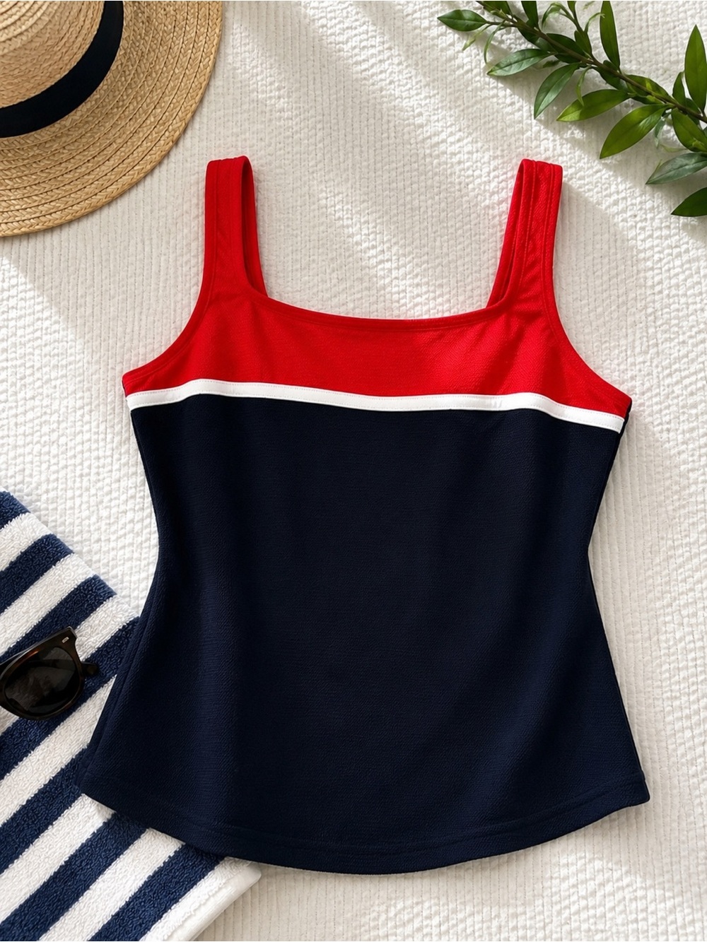 Lands End Square Neck Swim Tank Red White Navy Tummy Control Size 14